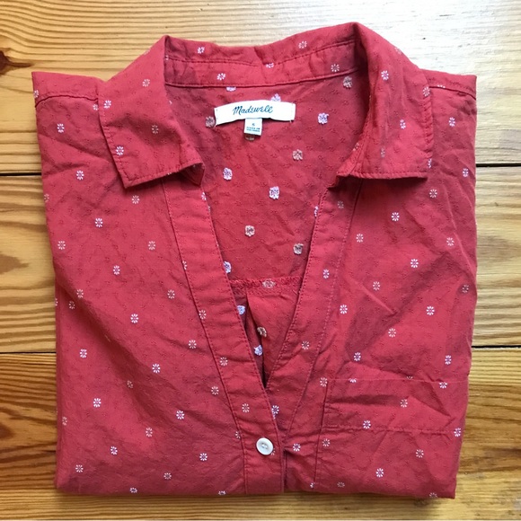 Madewell Orange White Embroidered Short Sleeve Button Down Top, EUC, S - Picture 10 of 12
